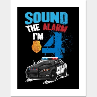 Kids Police Car 4th Birthday Gift Boy Sound The Alarm I'm 4 Posters and Art